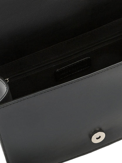 Black Leather Crossbody Bag with Printed Design