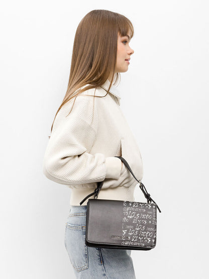 Black Leather Crossbody Bag with Printed Design