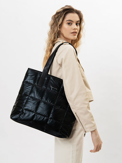 Black Quilted Tote Bag with Glossy Finish