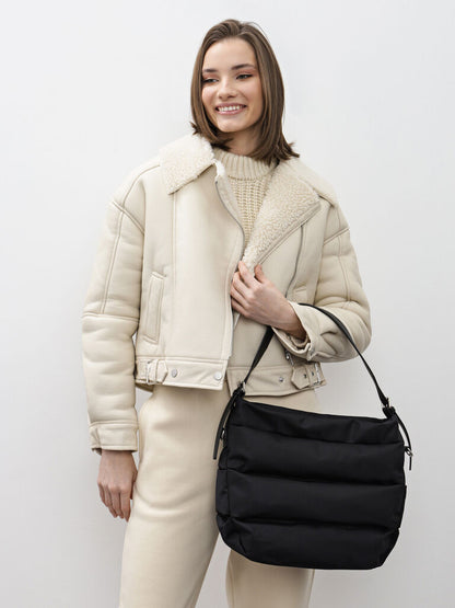 Black Quilted Shoulder Bag with Adjustable Strap