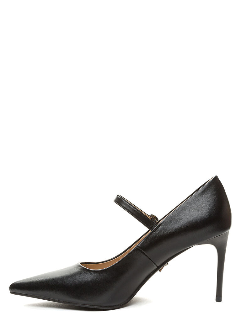 Black Leather Mary Jane Heels with Buckle Strap