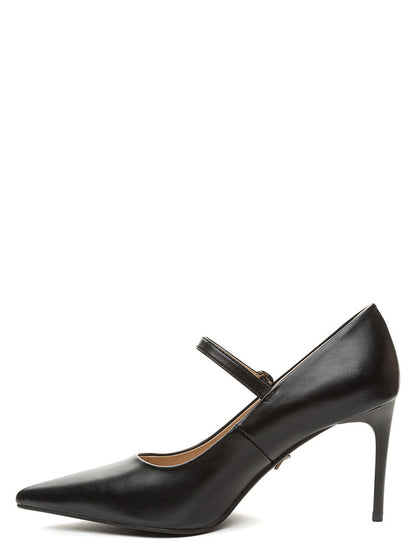 Black Leather Mary Jane Heels with Buckle Strap