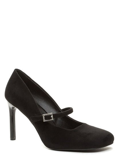 Black Suede Mary Jane Heels with Rhinestone Buckle