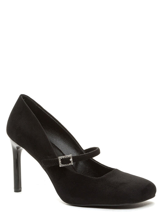 Black Suede Mary Jane Heels with Rhinestone Buckle