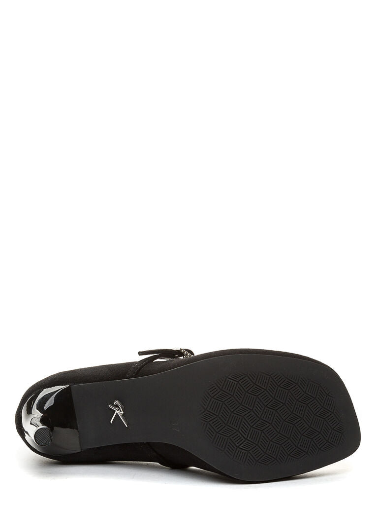 Black Suede Mary Jane Heels with Rhinestone Buckle