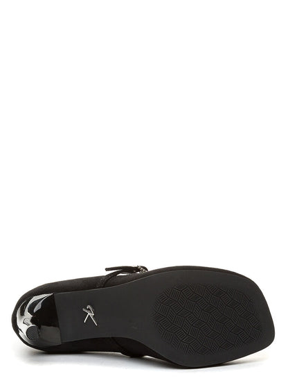 Black Suede Mary Jane Heels with Rhinestone Buckle