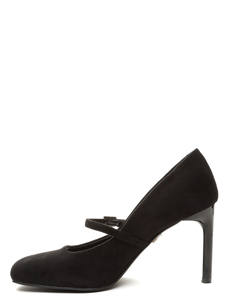 Black Suede Mary Jane Heels with Rhinestone Buckle