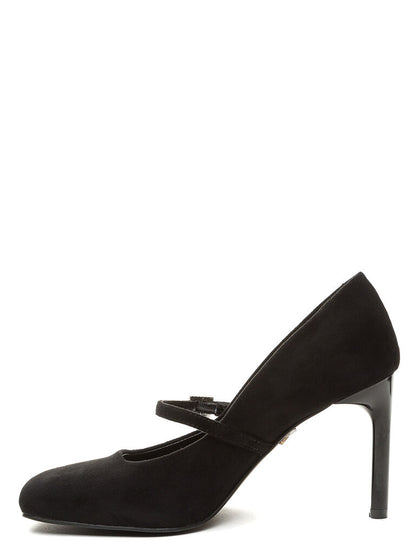 Black Suede Mary Jane Heels with Rhinestone Buckle