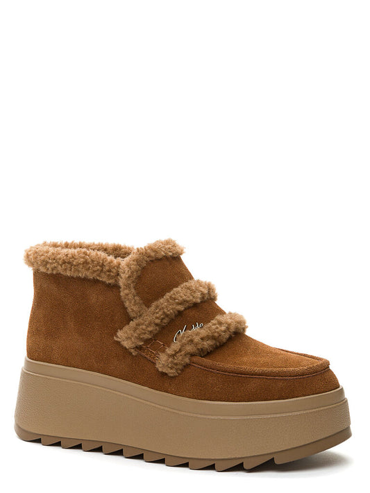 Tan Faux Shearling Platform Boot with Dual Straps