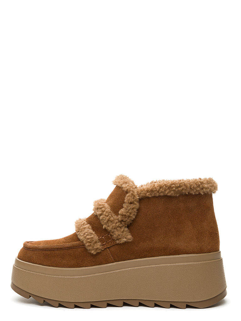 Tan Faux Shearling Platform Boot with Dual Straps