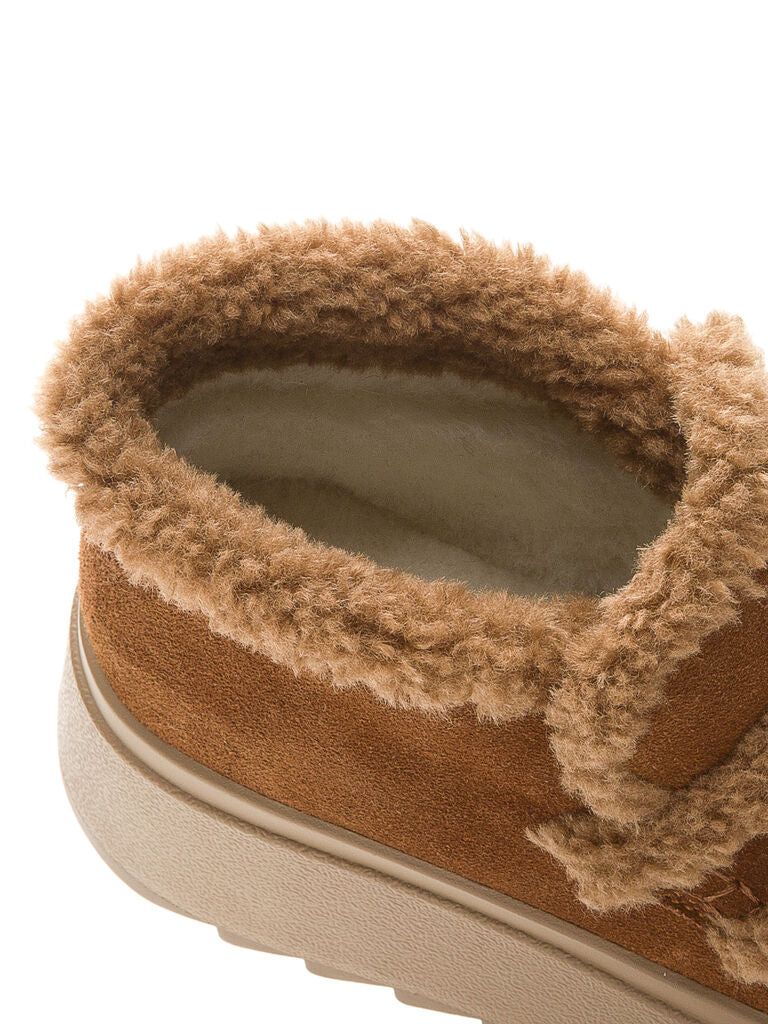 Tan Faux Shearling Platform Boot with Dual Straps