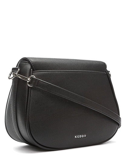 Black Textured Saddle Bag with Flap Closure