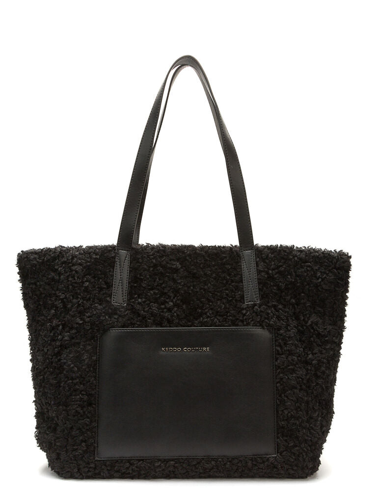 Black Textured Tote Bag with Leather Pocket