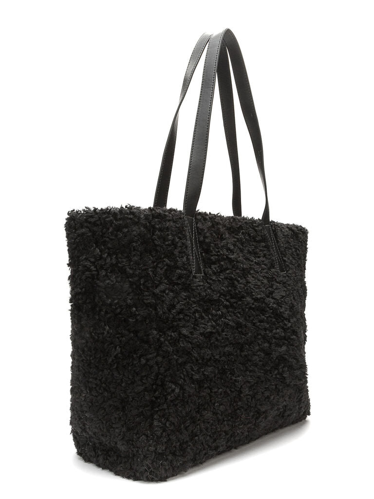 Black Textured Tote Bag with Leather Pocket