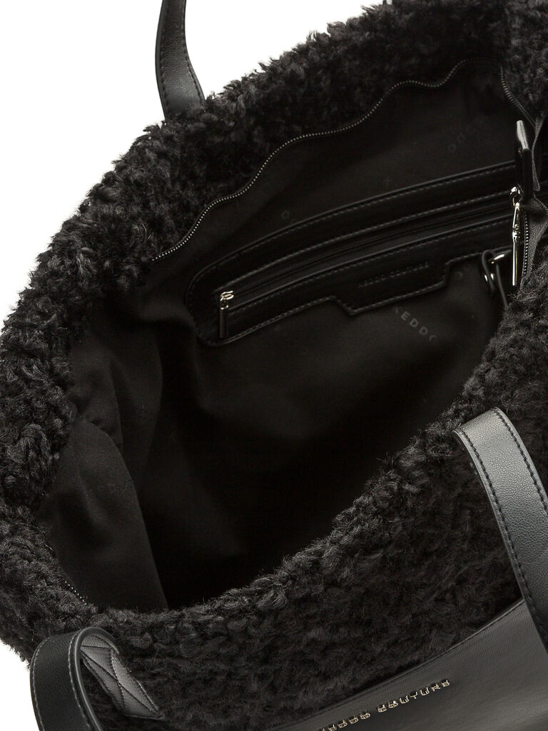 Black Textured Tote Bag with Leather Pocket