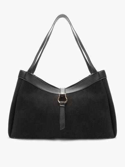 Black Suede Tote Bag with Buckle Detail