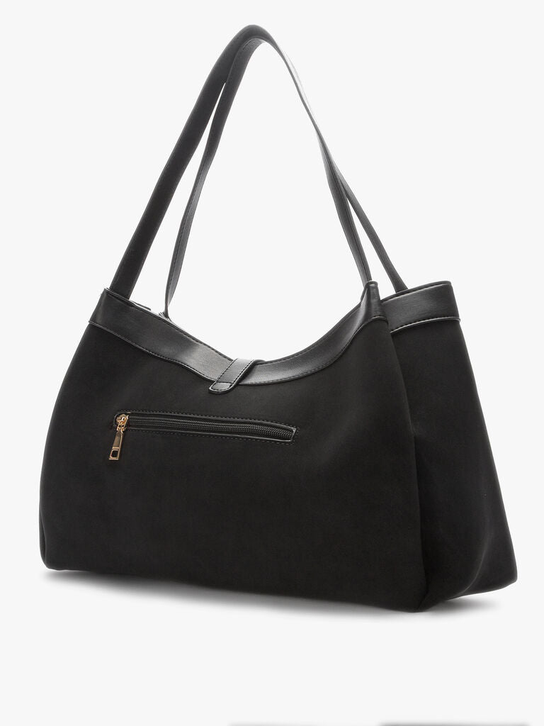 Black Suede Tote Bag with Buckle Detail