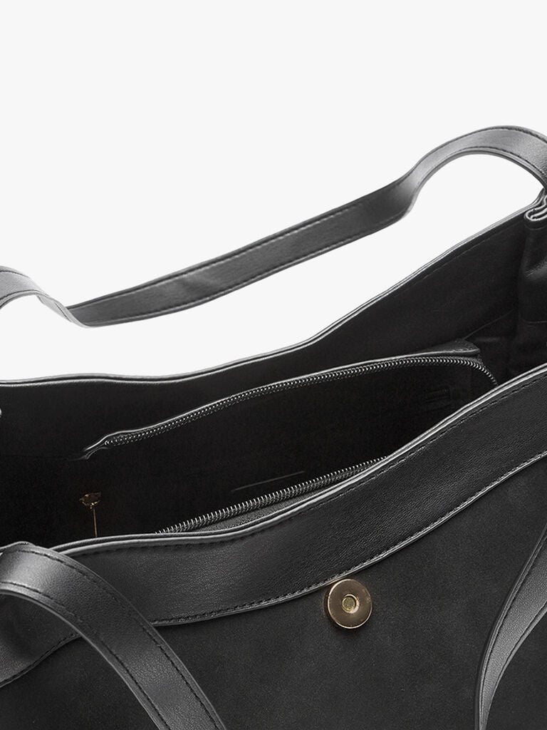 Black Suede Tote Bag with Buckle Detail