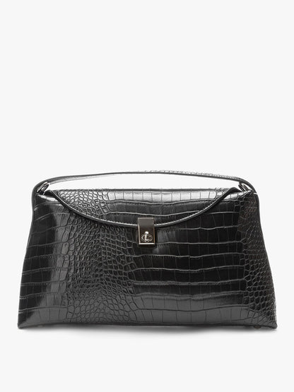 Black Crocodile-Embossed Leather Clutch with Metal Clasp