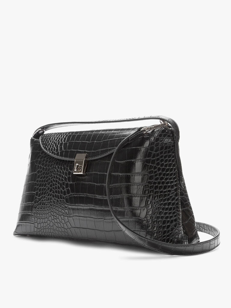 Black Crocodile-Embossed Leather Clutch with Metal Clasp