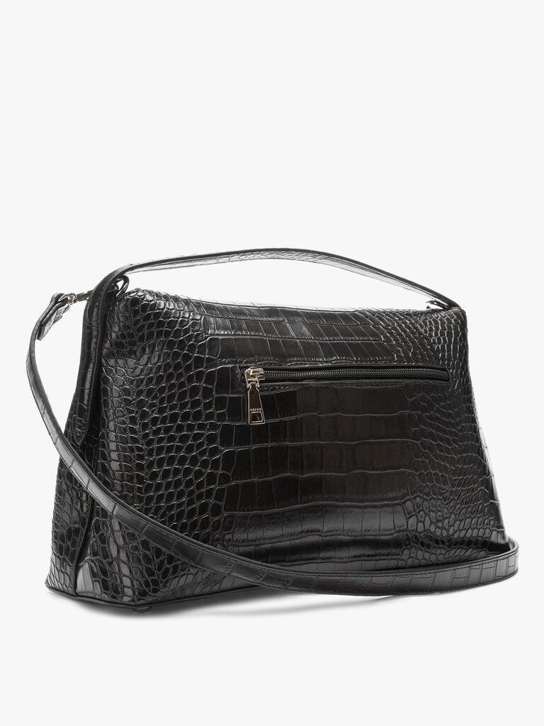 Black Crocodile-Embossed Leather Clutch with Metal Clasp