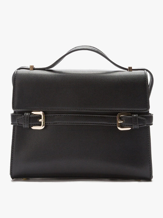 Black Structured Handbag with Buckle Detail