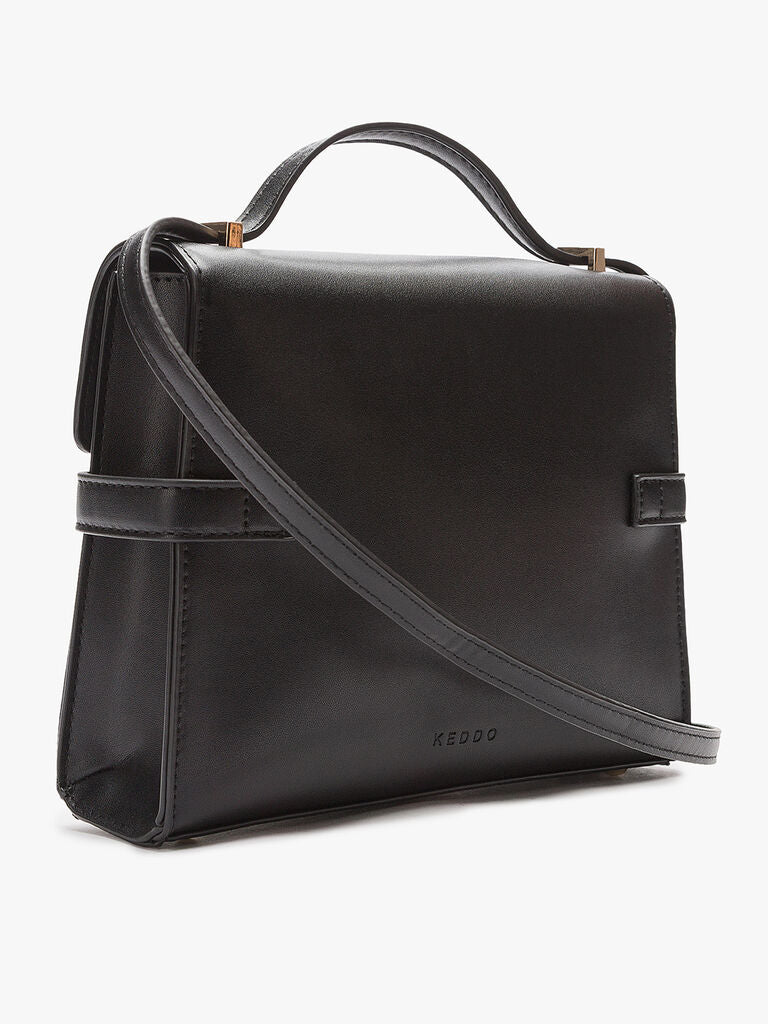 Black Structured Handbag with Buckle Detail