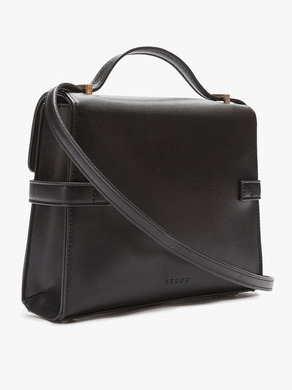 Black Structured Handbag with Buckle Detail
