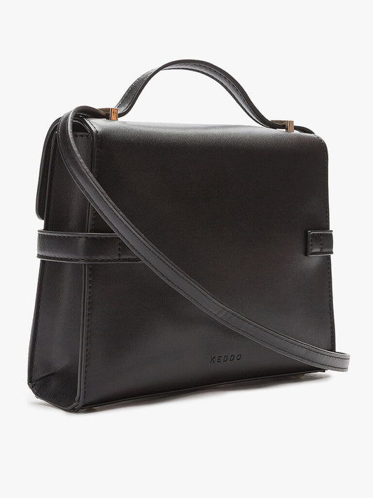 Black Structured Handbag with Buckle Detail