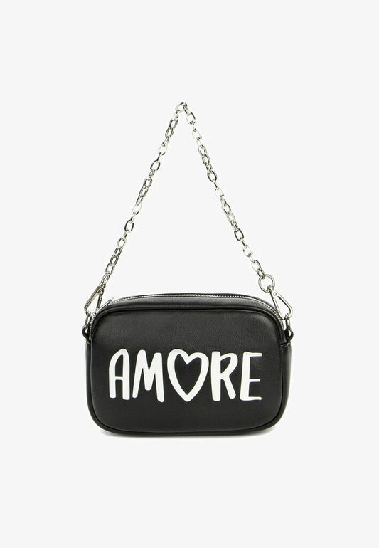 Black Faux Leather Chain Bag with 'Amore' Print