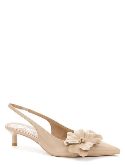 Beige Floral Embellished Slingback Kitten Heel
