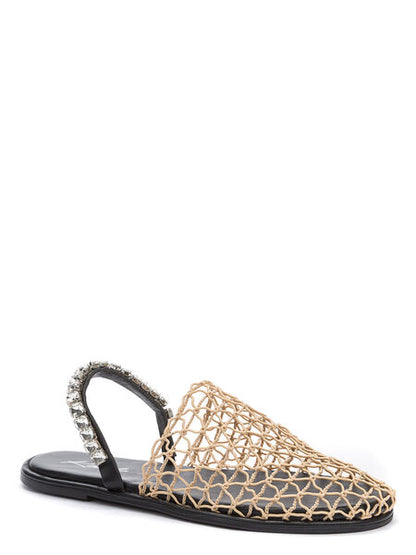 Beige Woven Slingback Sandals with Embellished Heel
