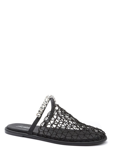 Black Mesh Slip-On Sandals with Embellished Strap