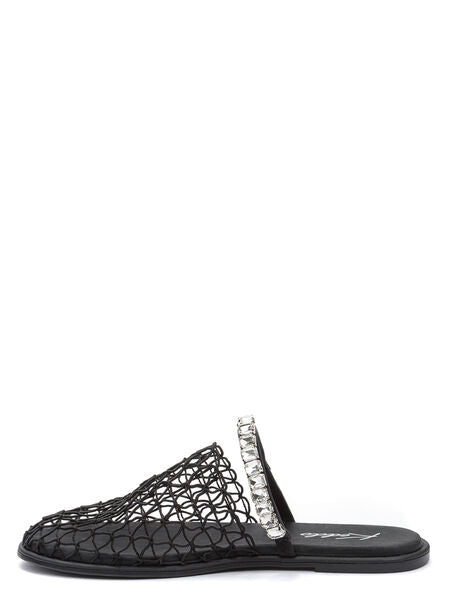 Black Mesh Slip-On Sandals with Embellished Strap