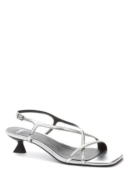 Silver Metallic Strappy Sandal with Kitten Heel