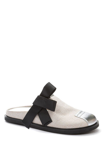 Beige Canvas Slip-On Mule with Bow Accent