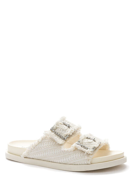 Cream Woven Slide Sandals with Embellished Buckles