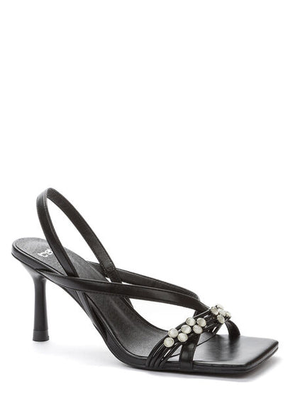 Black Strappy Heel Sandals with Pearl Embellishments
