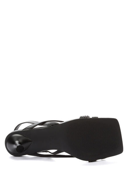 Black Strappy Heel Sandals with Pearl Embellishments
