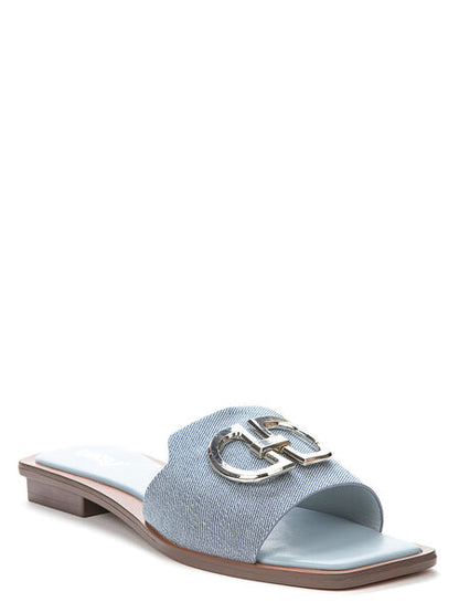 Blue Textured Slide Sandal with Metallic Accent