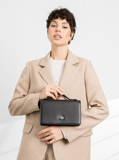 Black Leather Clutch Bag with Turn Lock Closure