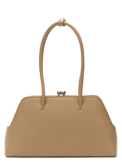 Beige Structured Handbag with Metal Clasp