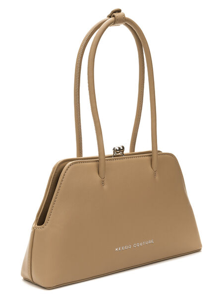 Beige Structured Handbag with Metal Clasp