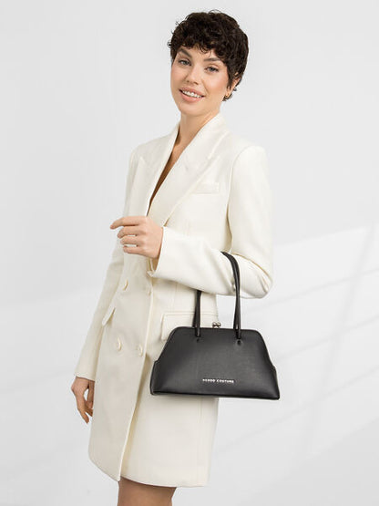 Black Structured Handbag with Classic Snap Closure