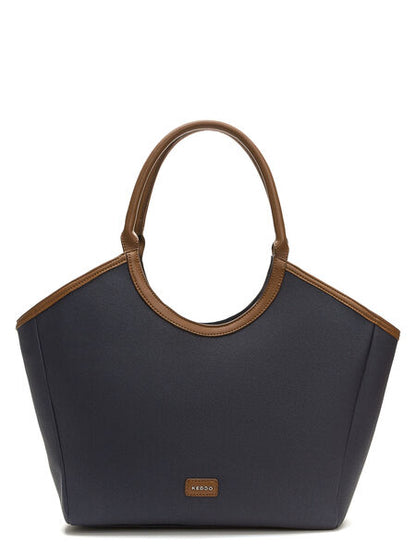 Navy Textured Tote with Brown Handles