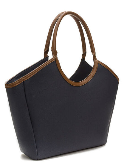 Navy Textured Tote with Brown Handles