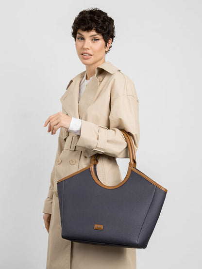 Navy Textured Tote with Brown Handles