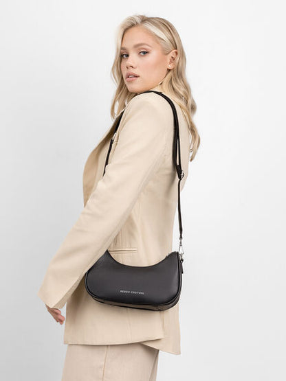 Black Leather Shoulder Bag with Zipper Closure