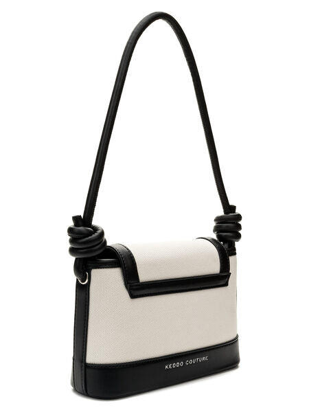 Black Trim Canvas Shoulder Bag with Knotted Strap