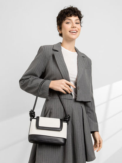 Black Trim Canvas Shoulder Bag with Knotted Strap